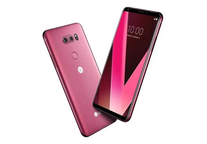 A dynamic angle image of lg's new v30 color - raspberry rose announced at ces 2018