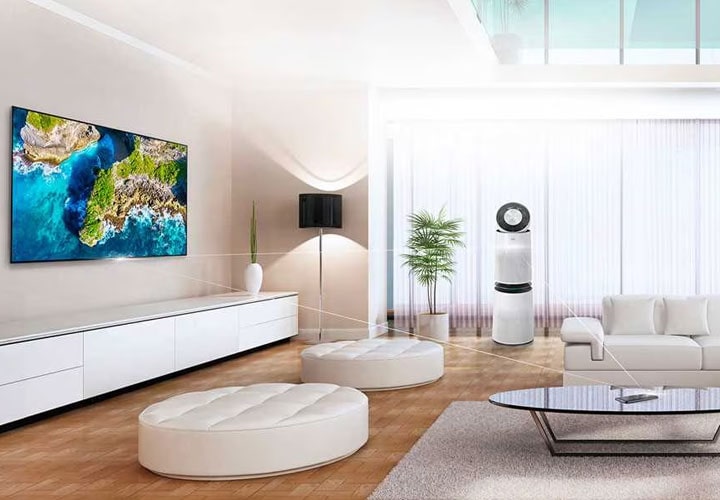 An LG PuriCare™ Air Purifier and OLED TV on display in a living room with seating.