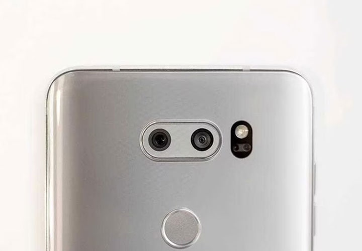 Backside view image of LG V30 smartphone.