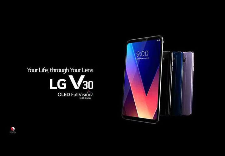 alt="An image of new lg v30 smartphone in 4 colors; aurora black, cloud silver, moroccan blue and lavender violet"