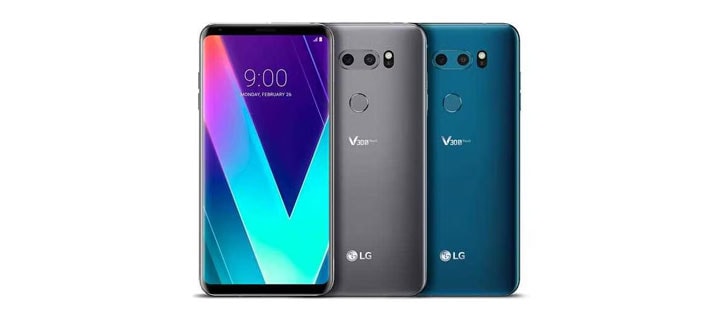 A front shot of new lg v30s thinq announced at mwc 2018, showing in three new colors - platinum grey and moroccan blue.