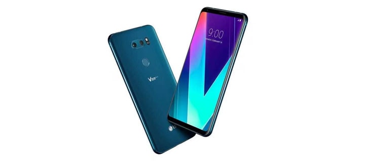 A dynamic angle of new lg v30s thinq image in moroccan blue.
