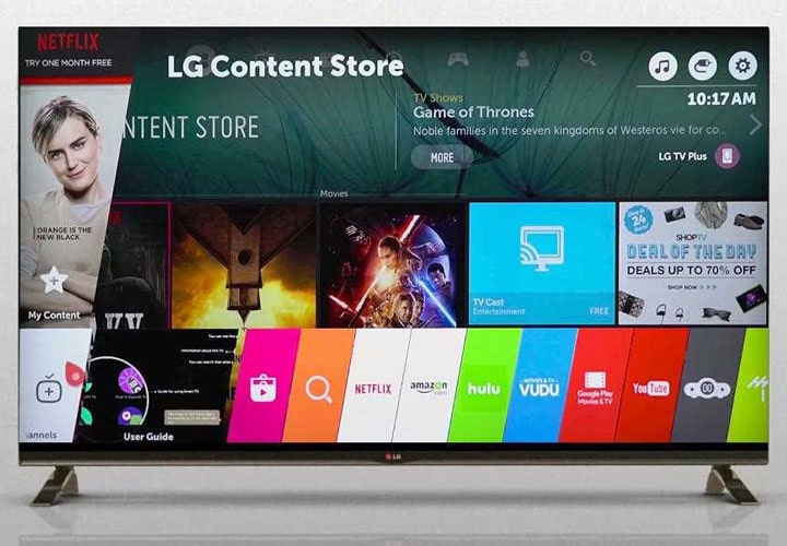 A front view of lg 4k super uhd tv showing its smart tv screen.
