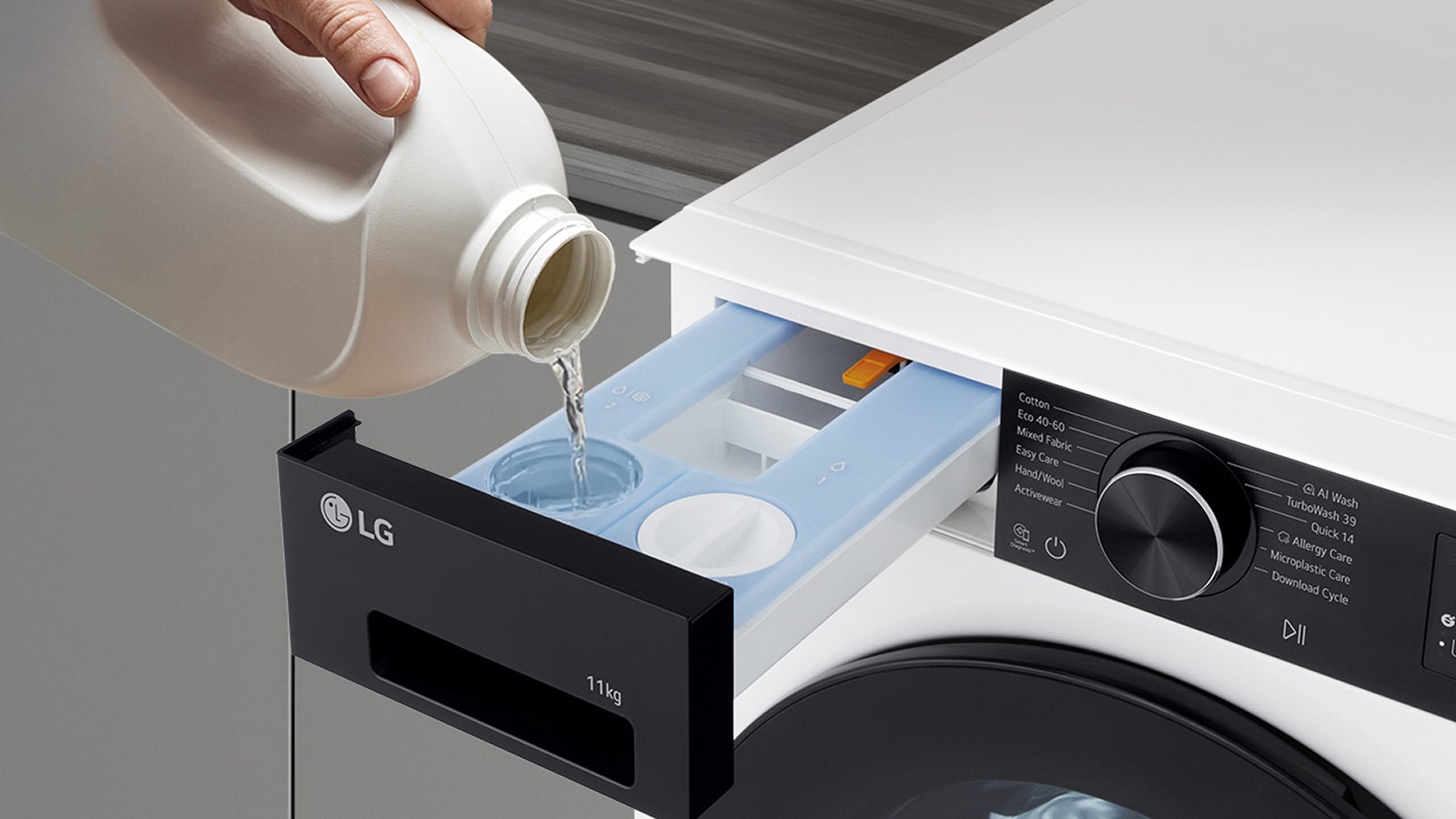 *Image of washing machine detergent drawer opened and detergent poured in.