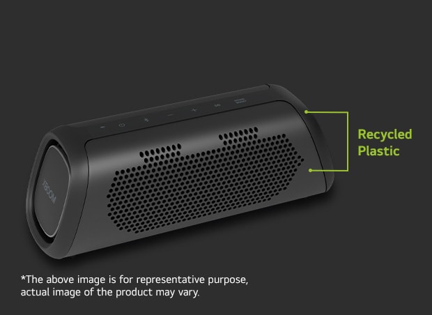 There is a diagonal view of speaker, showing recycled parts.