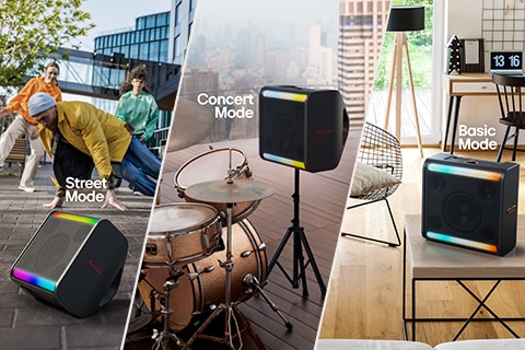 On the left xboom Stage 301 stands on the ground in front of dancing peoeple. In the middle part xboom Stage 301 is placed on its stand next to drums. On the right xboom Stage 301 stands on a table in a living room.