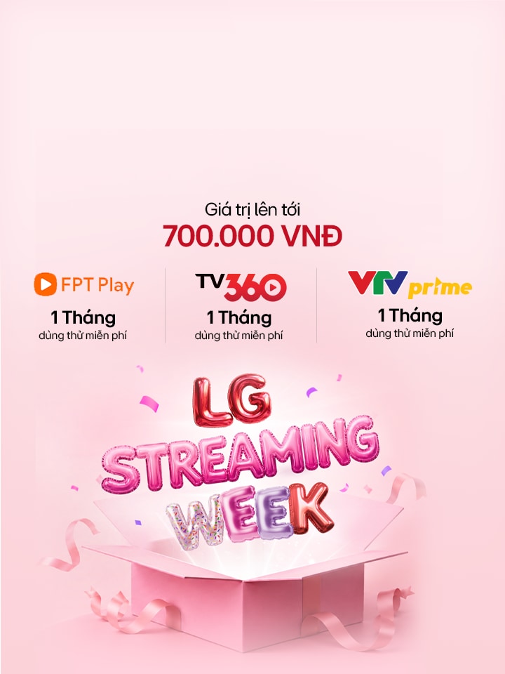 Dòng chữ "LG Streaming Week" đầy màu sắc theo phong cách bong bóng bay lên từ một hộp quà màu hồng đang mở, được bao quanh bởi ruy băng và kim tuyến trên nền hồng nhạt.