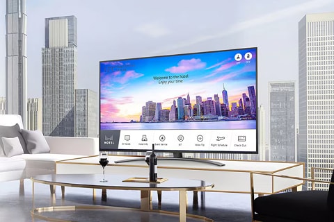 Modern living room with a wall-mounted flat-screen TV displaying a colorful abstract painting, positioned above a gray sofa.