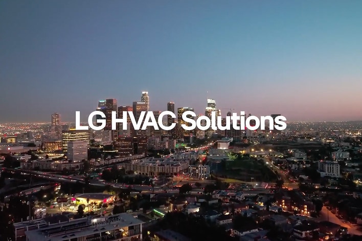 An image of a city with the text ‘LG HVAC Solution’ over it.