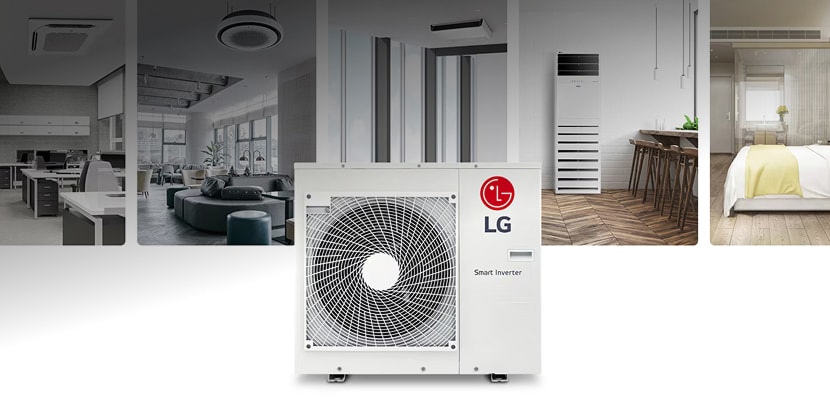 LG Smart Inverter outdoor air conditioning unit shown alongside residential applications in a living room, dining area and bedroom.