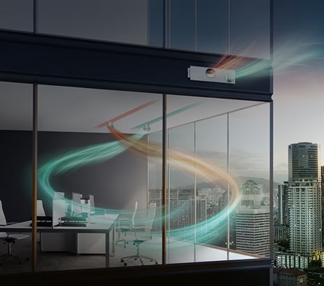 LG Commercial ERV system visualised with airflow streams, demonstrating efficient ventilation within an office environment.