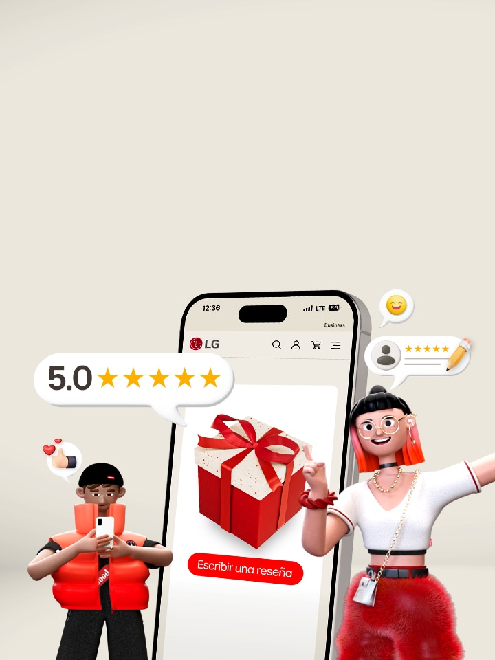 Es una imagen que promociona una campaña en la que se ofrece un vale mediante sorteo por escribir una reseña de un producto LG