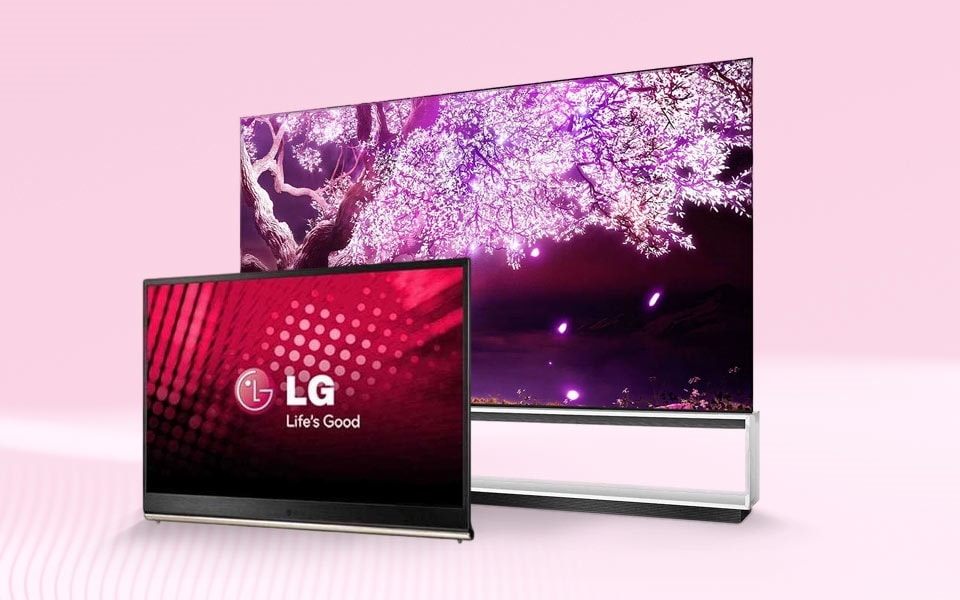 The LG Rollable OLED TV in a modern living room.