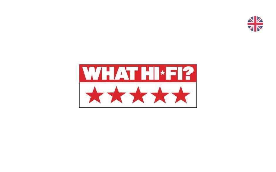 What Hi-Fi? Award with five stars awarded to LG OLED C8 TV and LG WK7 speaker on white background with British symbol in the right corner
