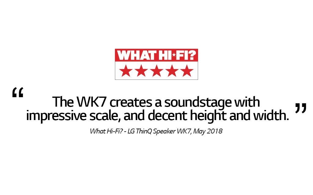 What Hi-Fi? review of the LG ThinQ WK7 Speaker with five star rating above, over white background