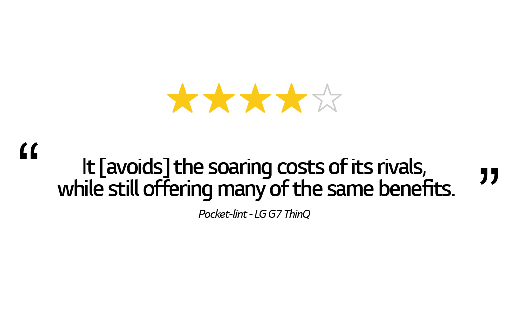 Pocket-lint review of LG G7 ThinQ, discussing the value for money, with four star rating and a white background