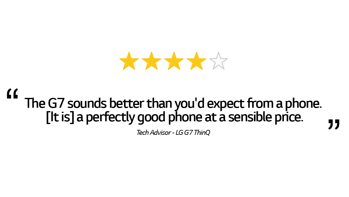 Tech Advisor review of LG G7 ThinQ, with four star rating over white background