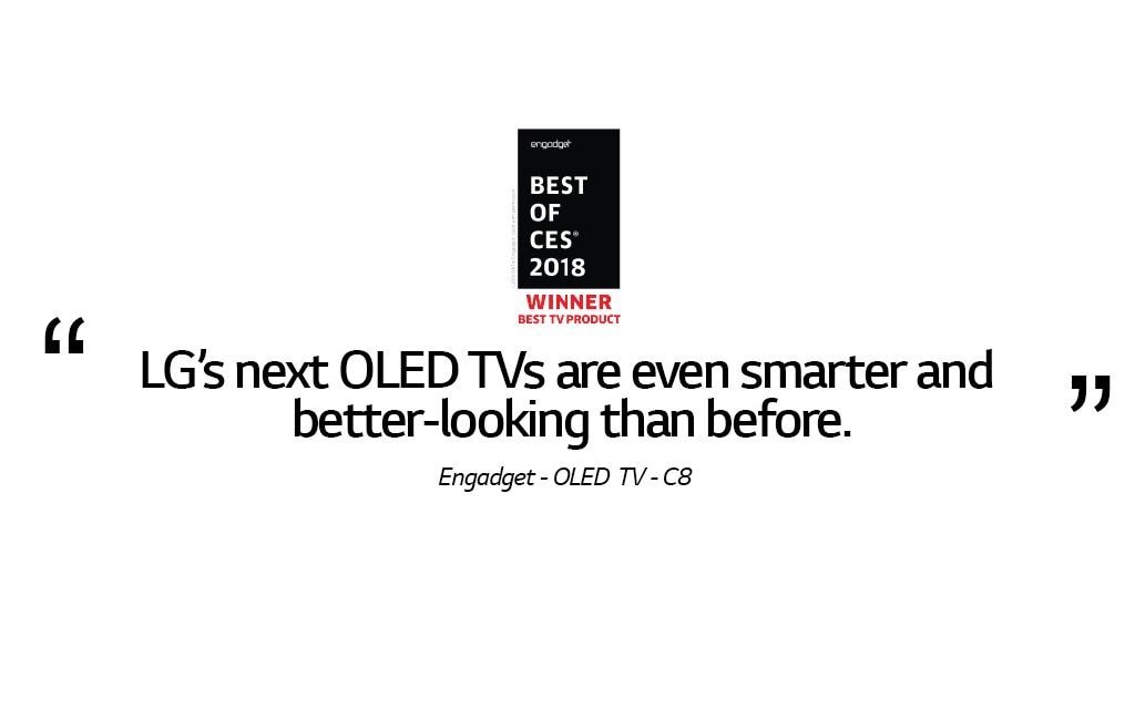 Engadget review of LG OLED TV C8, with engadget best of CES 2018 winner for best TV product award above it. All on white background