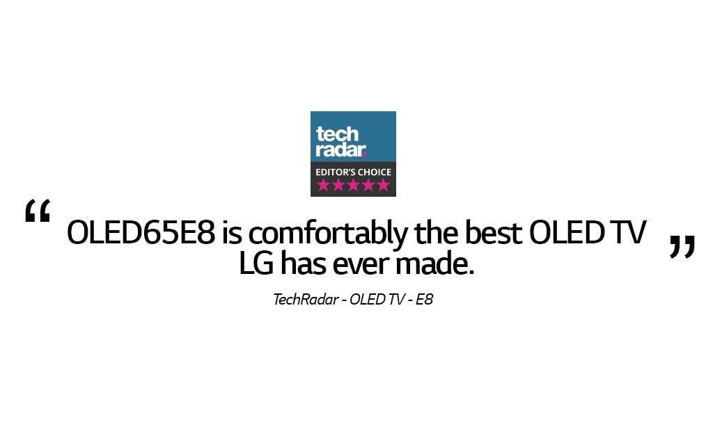 TechRadar review of the LG OLED TV E8 with TechRadar Editor's Choice award above it on white background