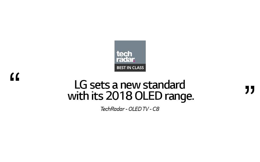 TechRadar review of LG OLED TV C8 with TechRadar Best in Class award above, on white background
