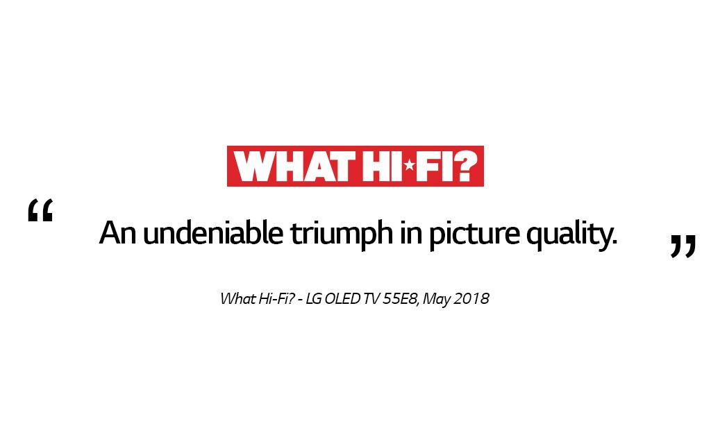 What Hi-Fi? review of LG OLED TV 55E8 concentrating on the high picture quality, over a white background