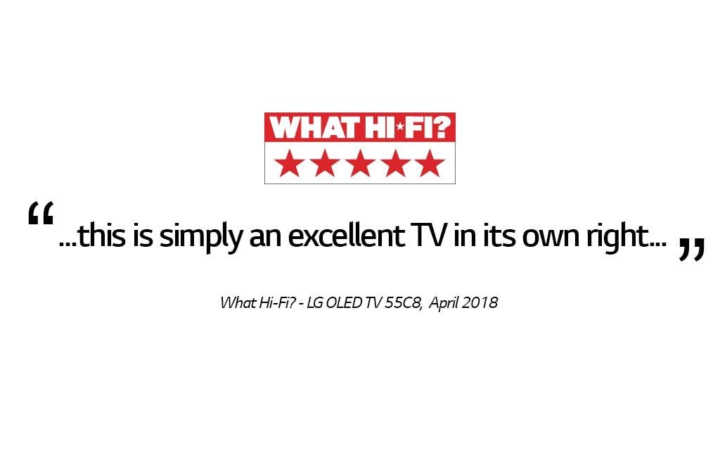 What Hi-Fi? review of LG OLED TV 55C8, describing the TV as excellent, over white background