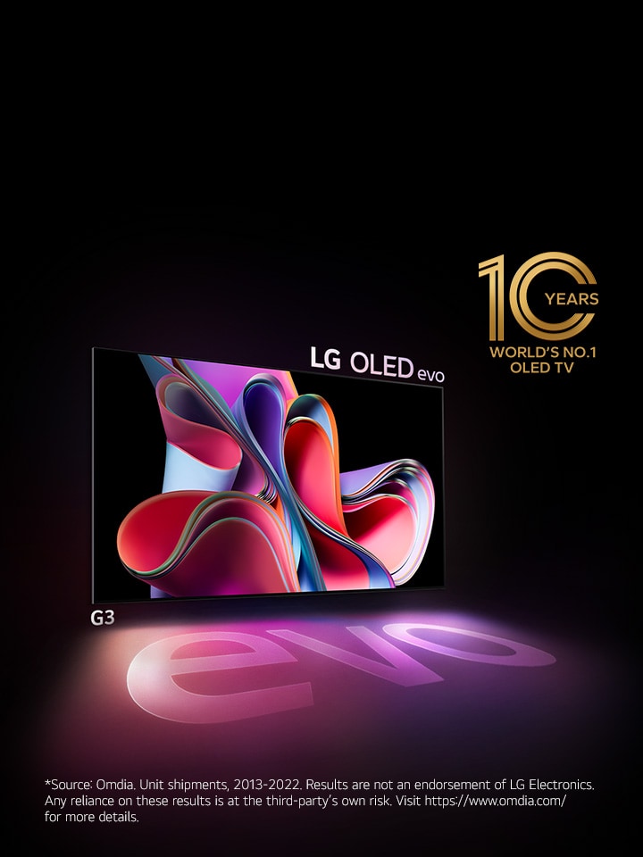 An image of LG OLED G3 against a black backdrop showing a bright pink and purple abstract artwork. The display casts a colorful shadow that features the word "evo." The "10 Years World's No.1 OLED TV" emblem is in the top left corner of the image. *Source: Omdia. Unit shipments, 2013-2022. Results are not an endorsement of LG Electronics. Any reliance on these results is at the third-party’s own risk. Visit https://www.omdia.com/ for more details.