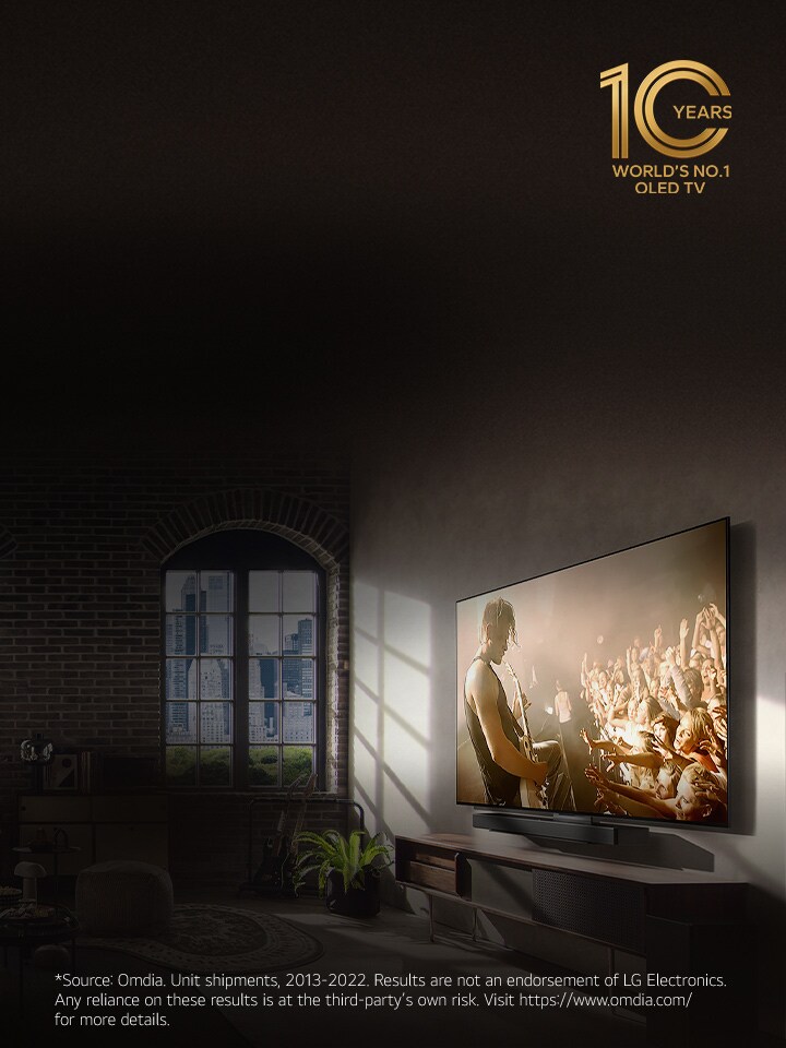 An image of LG OLED C3 and a Soundbar on the wall of a city apartment with a music concert playing on screen. The "10 Years World's No.1 OLED TV" logo is also in the image. 