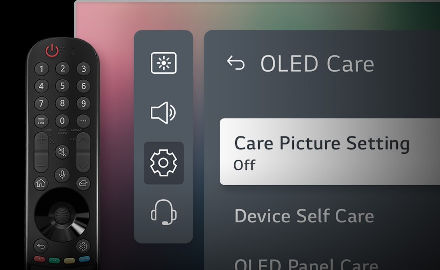 An image of the remote control and LG OLED Care menu