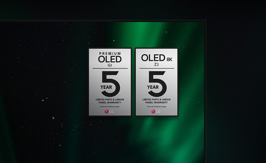 The Z2 and G2 warranty logos appear on the LG OLED television screen