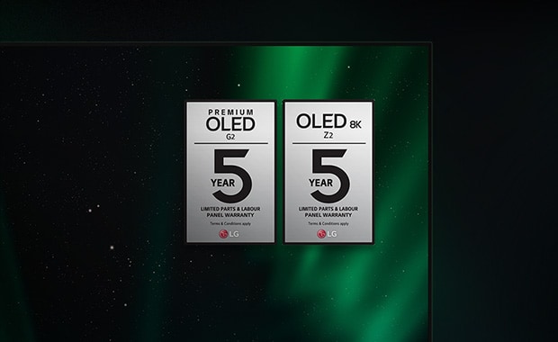 The Z2 and G2 warranty logos appear on the LG OLED television screen