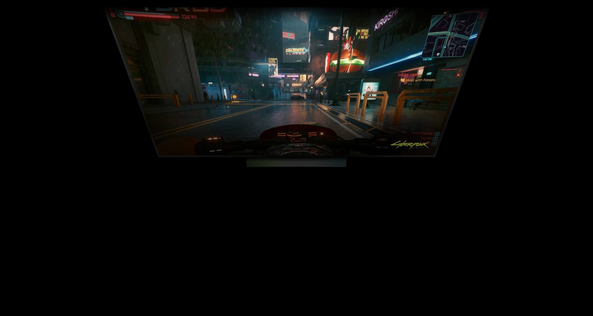 An LG OLED television shows a cyberpunk game scene, and a neon Wi-Fi symbol appears below