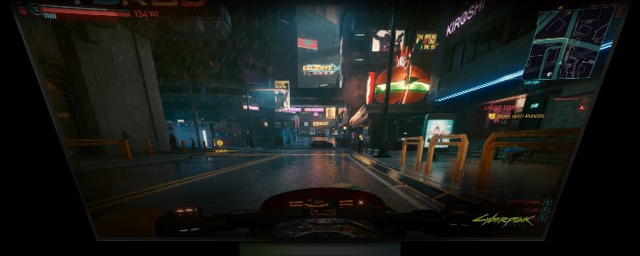 An LG OLED television shows a cyberpunk game scene, and a neon Wi-Fi symbol appears below