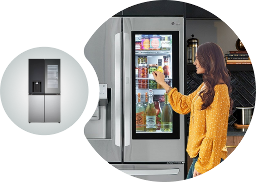 LG refrigerator inquiry, a woman is tapping on the InstaView.