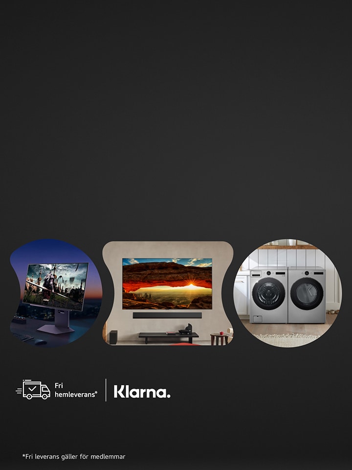 Bild på olika konsumentelektronik från LG-produkter, inklusive en TV och ljudbar, en tvättmaskin och torktumlare, samt en bildskärm.