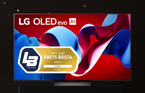 Bild av LG OLED TV med röd och blå bandbild på skärmen. LG OLED evo AI och LB pris. Årets Bästa 2024-2025.
