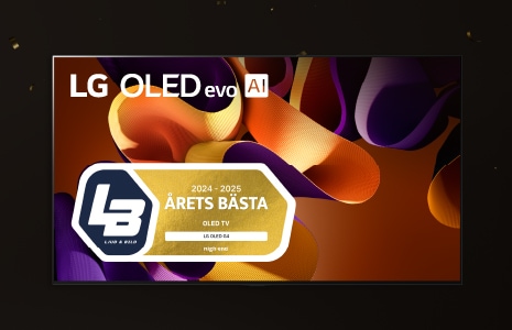 Bild av LG OLED TV med violett och guld bandbild på skärmen. LG OLED evo AI och LB pris. Årets Bästa 2024-2025.