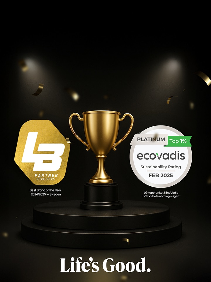 En gyllene trofé på svart bakgrund med några gyllene prickar. Bästa varumärke av året. Rubrik L&B-logo.