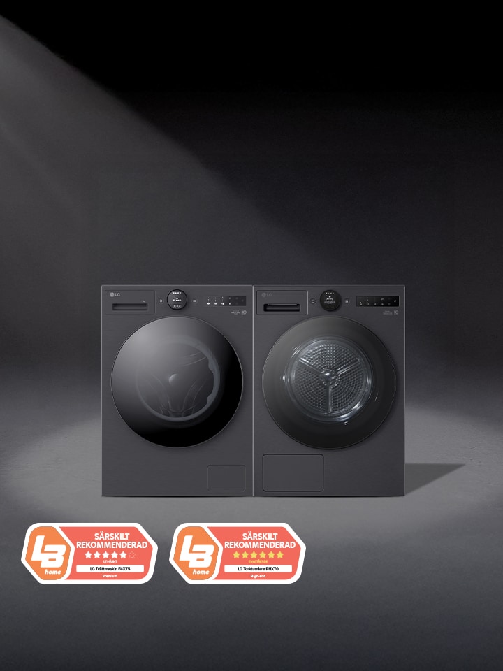 LG frontmatad tvättmaskin och torktumlare i svart design, sida vid sida. Två LG-utmärkelser visas längst ner, som markerar hög prestanda och energieffektivitet.