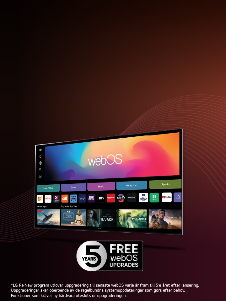 Känns som ny, varje år i 5 år! Få "Ny TV"-känsla varje år, med komplett systemuppgradering utan extra kostnad. Bild på TV med webOS och logotyper som leder till olika kanaler, som man hittar på en LG TV.