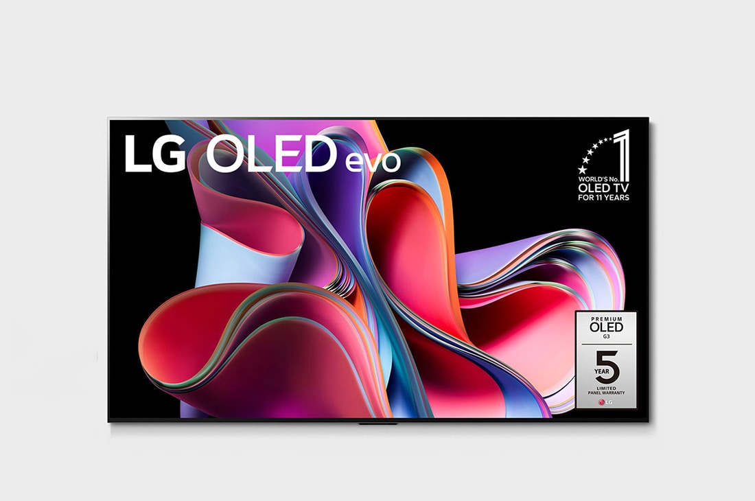 LG OLED evo G3 77'' 4K Smart TV 2023, Čelní pohled na LG OLED evo, odznáček s nápisem „10 let světová jednička mezi OLED televizory“ a logem pětileté záruky na panel na obrazovce, OLED77G33LA