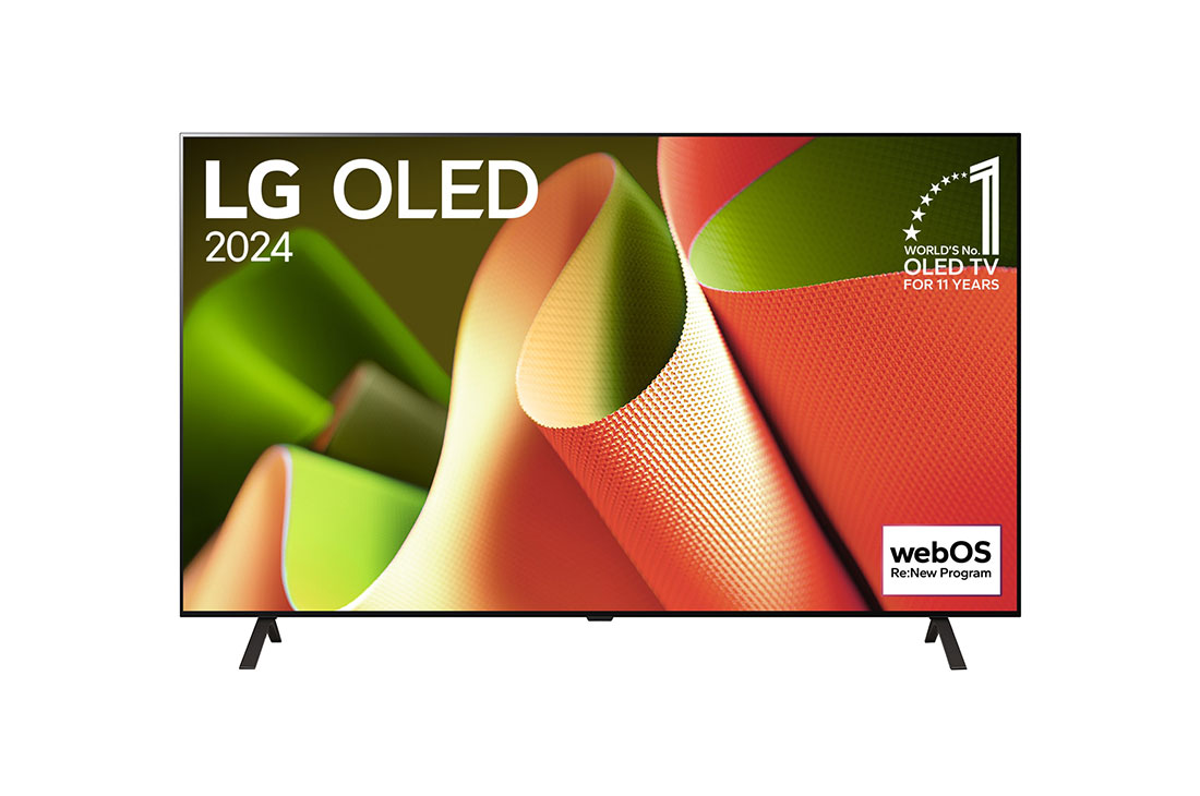 LG 77'' LG OLED evo B4 4K Smart TV OLED77B4, Pohled zepředu s televizorem LG OLED TV, OLED B4, emblémem 11 let na pozici světové jedničky OLED a logem webOS Re:New Program na obrazovce s dvousloupkovým stojanem, OLED77B42LA