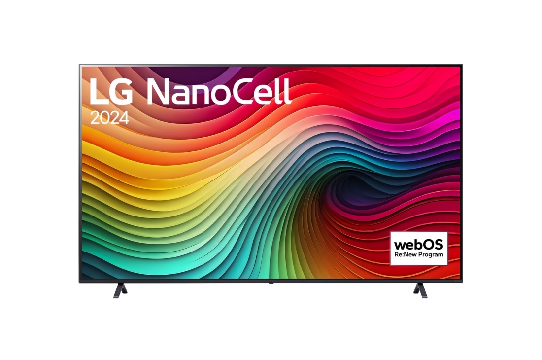 LG 86'' LG NanoCell NANO81 4K Smart TV 2024, Čelní pohled na televizor LG NanoCell TV, NANO80 zobrazující na obrazovce text LG NanoCell, 2024 a logo programu webOS Re:New, 86NANO81T6A