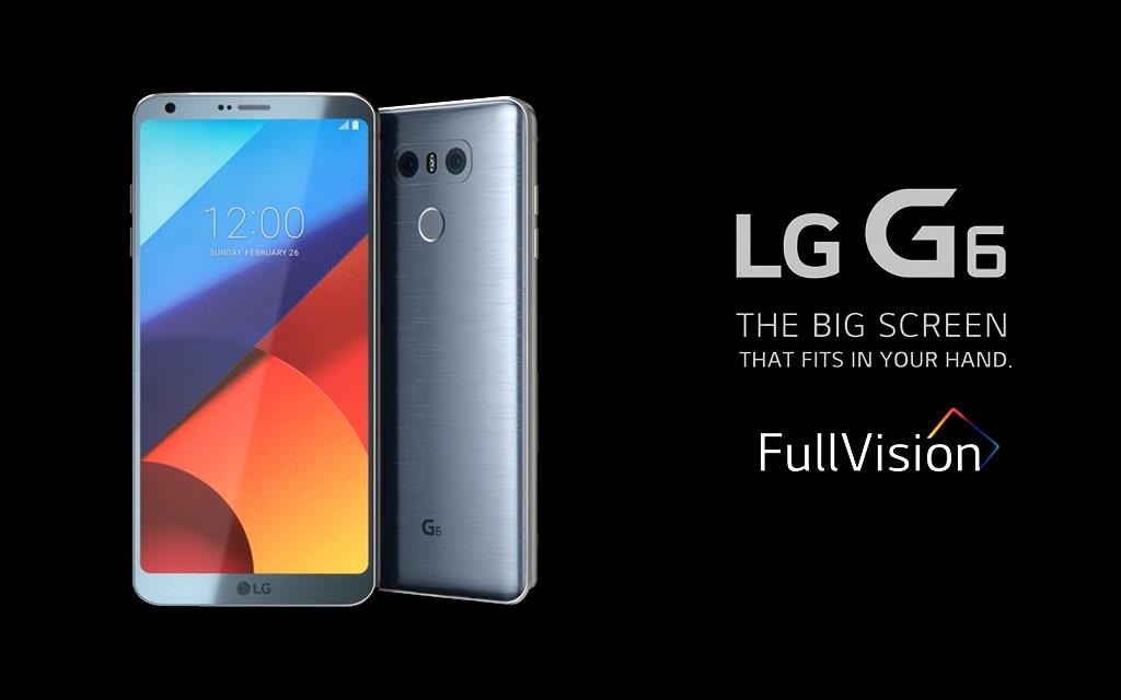 An image of LG g6 ice platinum smartphones with Fullvision logo 