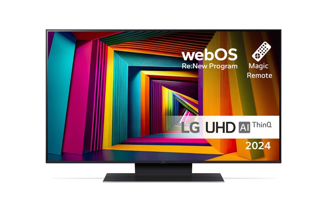 LG 43'' UHD UT91 - 4K TV (2024), Visning forfra af LG UHD TV, UT91 med teksten LG UHD AI ThinQ, 2024 og logoet for webOS Re:New Program på skærmen, 43UT91006LA