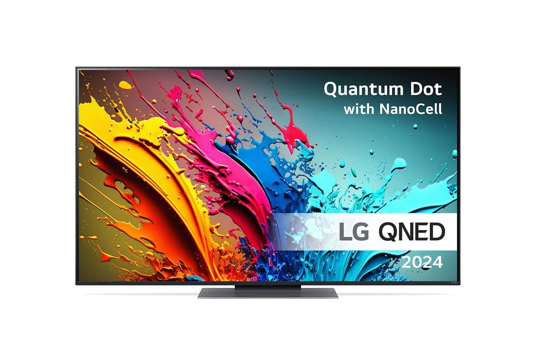 LG 55'' QNED 87 - 4K Smart TV (2024), LG QNED TV:n etunäkymä, QNED86 ja teksti LG QNED, Quantum Dot ja NanoCell sekä 2024 näytöllä, 55QNED87T6B