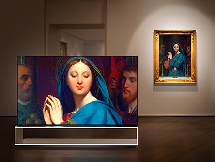 Jean Auguste Dominique Ingres' Madonna with Chalice is displaying on the screen of LG SIGNATURE OLED 8K TV.