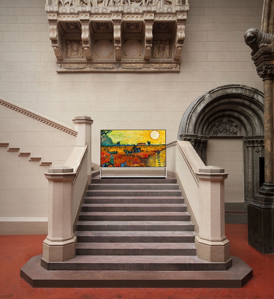 LG SIGNATURE OLED 8K TV is laid on stairs in the Pushkin State Museum of Fine Arts.