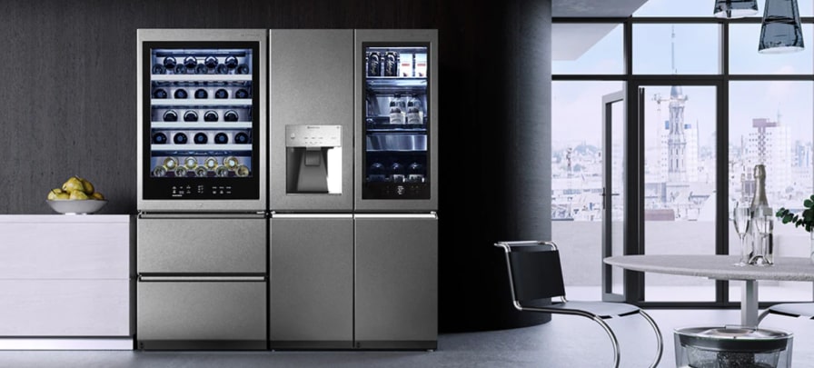 An LG SIGNATURE Refrigerator, Wine Cellar, and Air Purifier complement a sleek kitchen