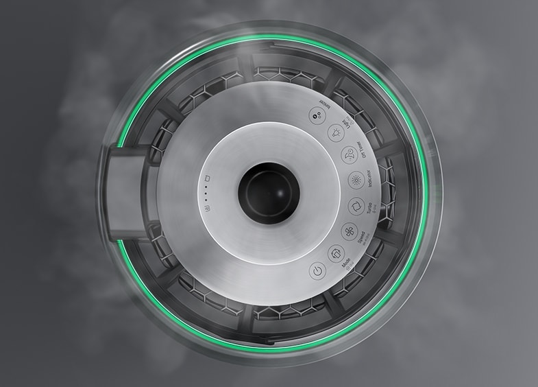 A view from above the Air Purififer with puffs of water vapor surrounding the machine.